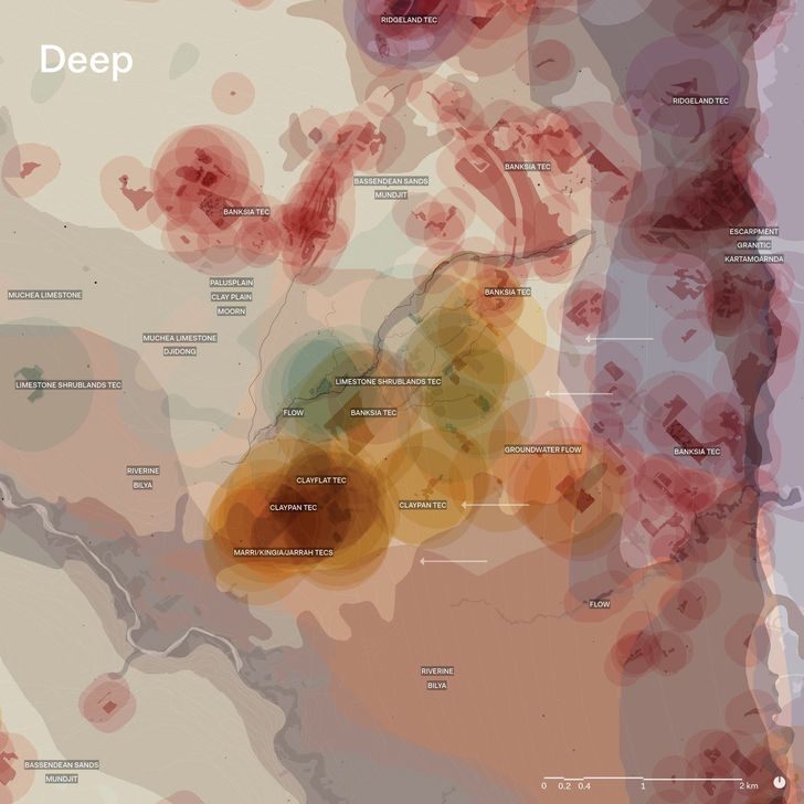 In pursuing an agenda of “environmental
responsibility,” such as for the Yule Brook corridor in suburban Perth, Daniel Jan Martin uses maps to reveal a site’s deep systems and demonstrate conflicts with human impacts.