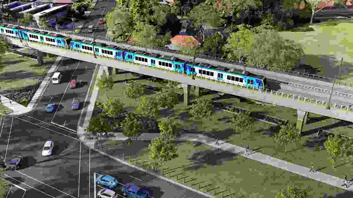 Proposal to elevate sections of the Dandenong-Cranbourne line in Melbourne designed by Cox Architecture and Aspect Studios.