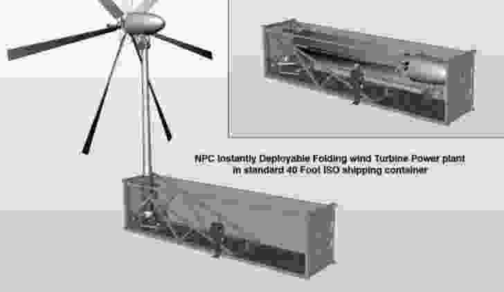 A containerised folding wind turbine, being developed under licence by Oshkosh Defense. 