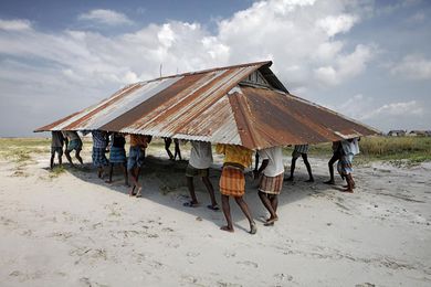A mosque relocation after riverbank erosion in Bangladesh.