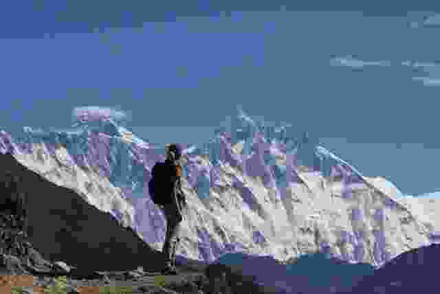 Living the dream: trekking in the Everest (Khumbu) region of Nepal, the looming peaks of Everest, Lhotse and Nuptse before me.