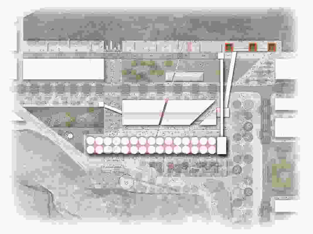 Plan of the Glebe Island site. Existing structures to be reprogrammed are highlighted red.