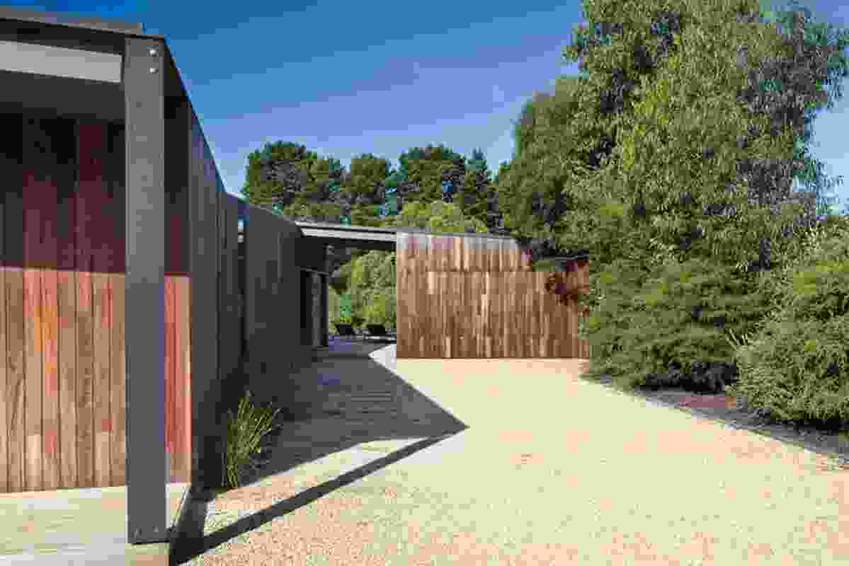 A sheltered gravel courtyard.