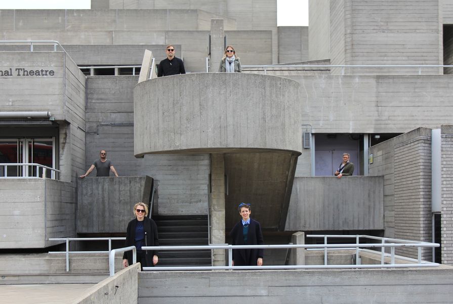 The 2019 Dulux Study Tour group at the National Theatre by Denys Lasdun and Partners. L–R: Phillip Nielsen, Carly McMahon, Ben Peake, Alix Smith, Jennifer McMaster and tour guide David Garrard.