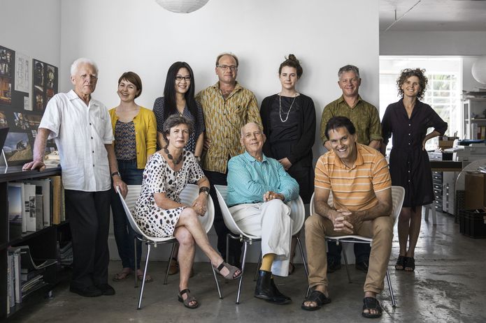 The creative team for New Zealand’s exhibition: Last, Loneliest, Loveliest. Back row, L–R: Mike Austin (Unitec Institute of Technology, Auckland), Claire Natusch (graduate, Mitchell & Stout Architects), Chia-Lin Sara Lee (graduate, Mitchell & Stout Architects), Julian Mitchell (director, Mitchell & Stout Architects), Frances Cooper (graduate, Athfield Architects) Rick Pearson (director, Pearson and Associates Architects), Ginny Peddle (director, Mitchell & Stout Architects). Front row L–R: Julie Stout (director, Mitchell & Stout Architects; adjunct professor, Unitec Institute of Technology, Auckland), David Mitchell (director, Mitchell & Stout Architects), Rau Hoskins (Ngāti Hau, Ngāpuhi, director, designTRIBE architects; lecturer, Unitec Institute of Technology, Auckland).