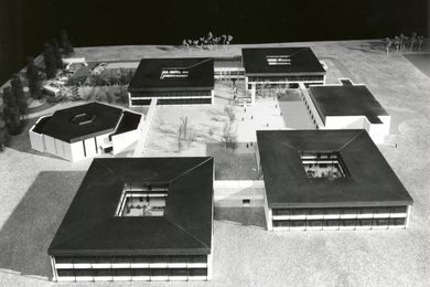 Undated photograph of a model of the doughnut schools designed by Michael Dysart,
NSW Government Architect's Branch. 