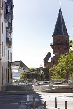 An elevated podium and canopy define the new public space in front of the Sydney Harbour Foreshore building on The Rocks.