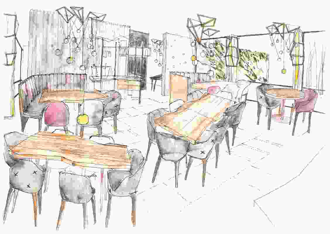 A concept sketch for the dining room. Illustration by Adrian Amore.