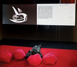 Most of the work was presented digitally. Move Your Energy, 2009, by Novague (seen on the screen) is a power-independent rocking chair with an LED lamp designed for reading.