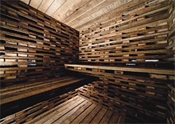 Interior of March Studio’s “fort” made from four-by-two planks “smelling of farmyard hens”.