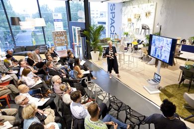 Geraldine Maher presenting at Artichoke Night School No. 13, Space showroom, Melbourne.