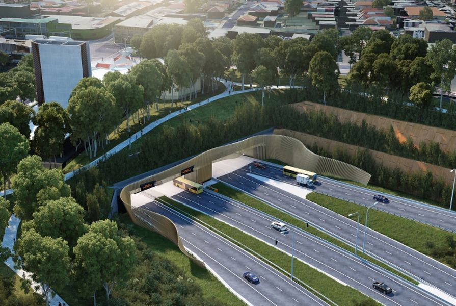 A visualization of the WestConnex M5 project at St Peters, Sydney, which will see the destruction of 500 trees at the southern end of Sydney Park. 