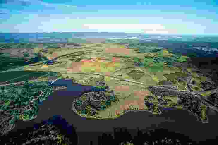 The Arboretum (centre), Lake Burley Griffin (foreground) and Canberra (right).