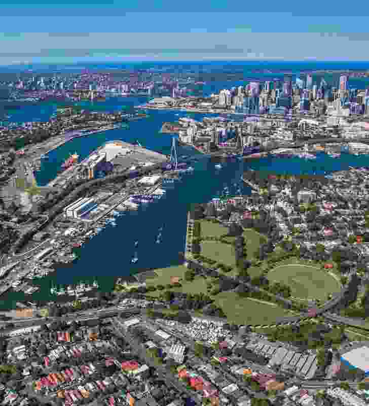 The Bays Precinct represents 95 hectares of government-owned land and 94 hectares of waterways. White Bay Power Station is featured at the top left.