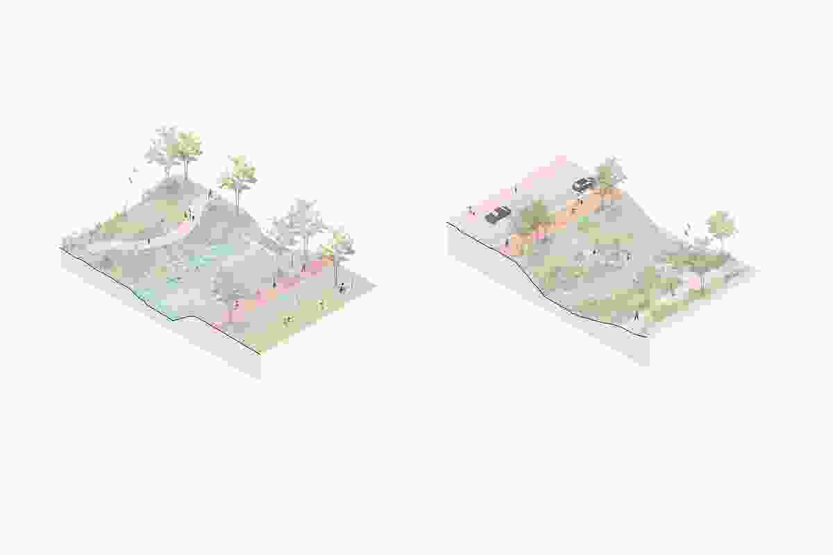 Adaptation scenario options showing possibilities for the creek’s character types of park (left) and street (right).