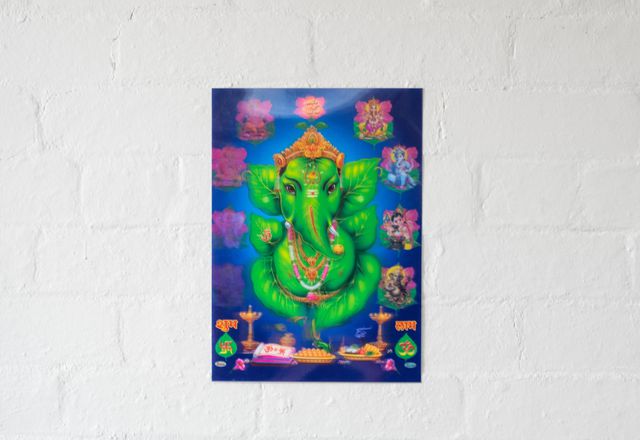 A lenticular picture of Hindu god Ganesha in leaf form.