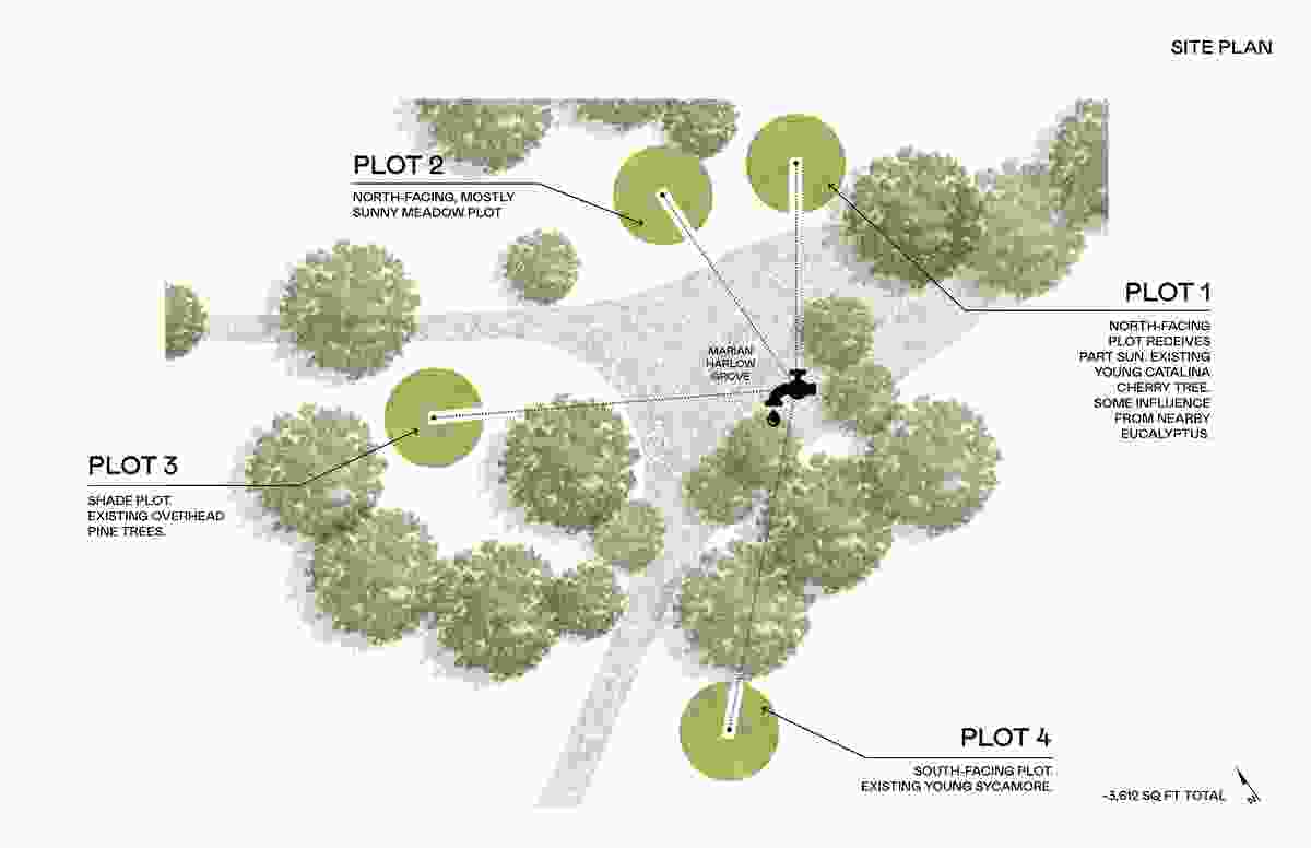 Test Plot, in a degraded park near downtown Los Angeles, currently comprises four circular plots, identical in size and shape but subject to different conditions of sunlight and shade, exposure and gradient.