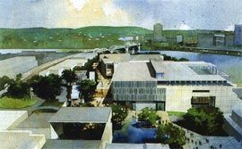 State Library extension and redevelopment.
Winning entry by Donovan Hill and Peddle Thorp: view from the south-east, showing the connection to the rear plaza, and the glazed river room.