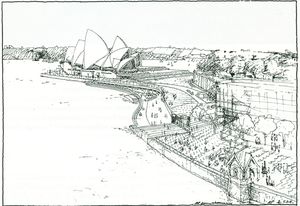 A sketch of proposed alterations to the eastern boardwalk at the Sydney Opera House in Alex Popov's inaugural prize winning scheme.