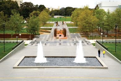 The campus and Reconciliation Place. Questacon is on the right and the NGA view corridor is revealed through the removal of Enid Lyons St.