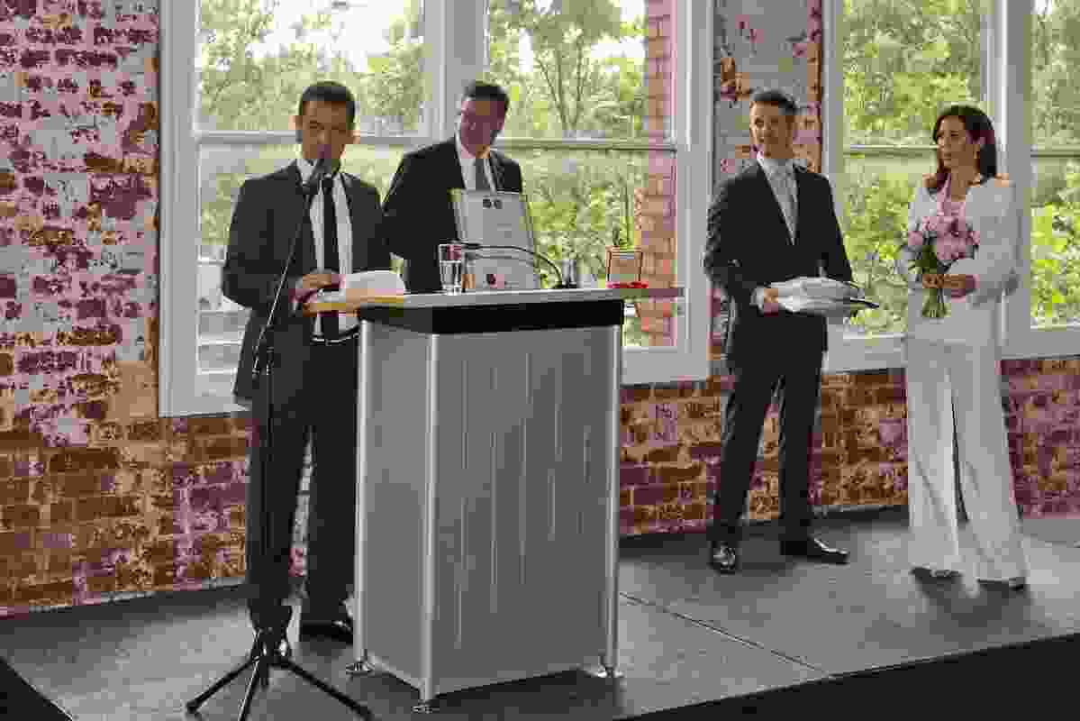 (L–R) Award winner Richard Munao, the Danish ambassador to Australia Ulrich Ritsing, Prince Frederick and Princess Mary.