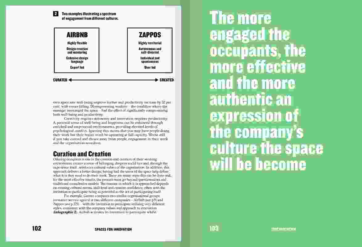 Spread from Spaces for Innovation, showing Infographic 2: Two examples illustrating a spectrum of engagement from different cultures.