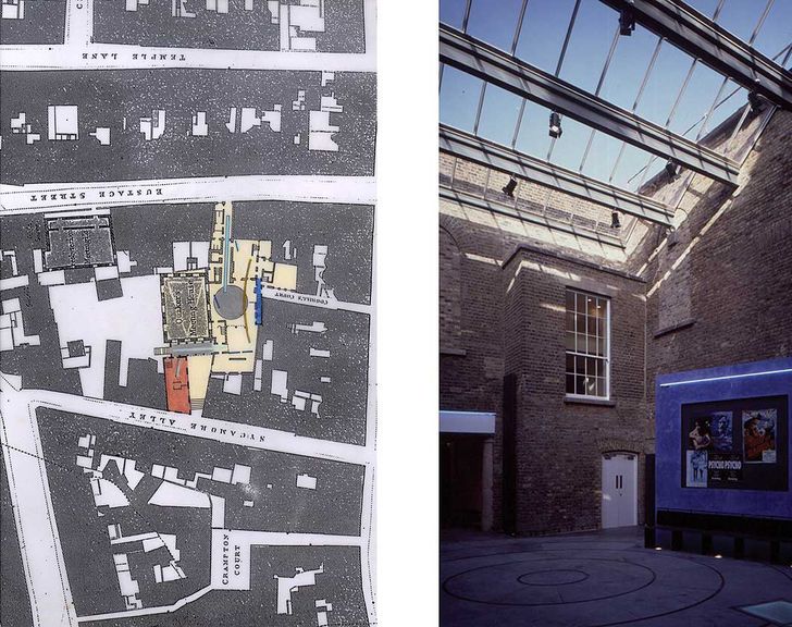Plan of the surrounds of the Irish Film Institute
(1992) in Temple Bar, Dublin, and its interior.
