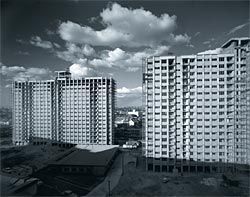 Poets Corner, 1966, by Peddle, Thorp and Walker for the NSW Housing Commission. Image: Max Dupain, 1965, “Housing Commission unit blocks, Redfern, under construction”.