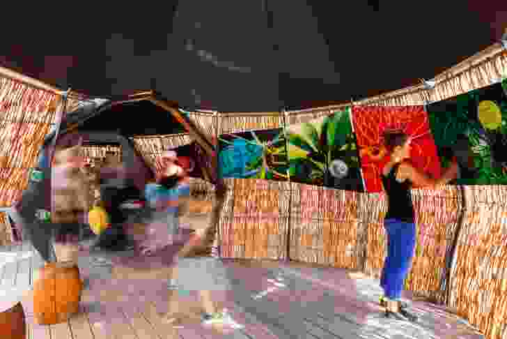 The interior of the Tree House accommodates pedagogical signage educating the public on the conservation of rainforest habitats under threat from coltan mining.