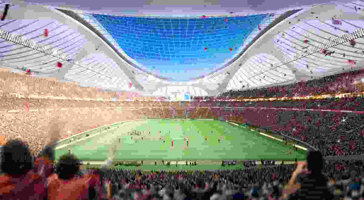Proposed Tokyo Olympic Stadium by Zaha Hadid Architects depicted as a rugby venue.