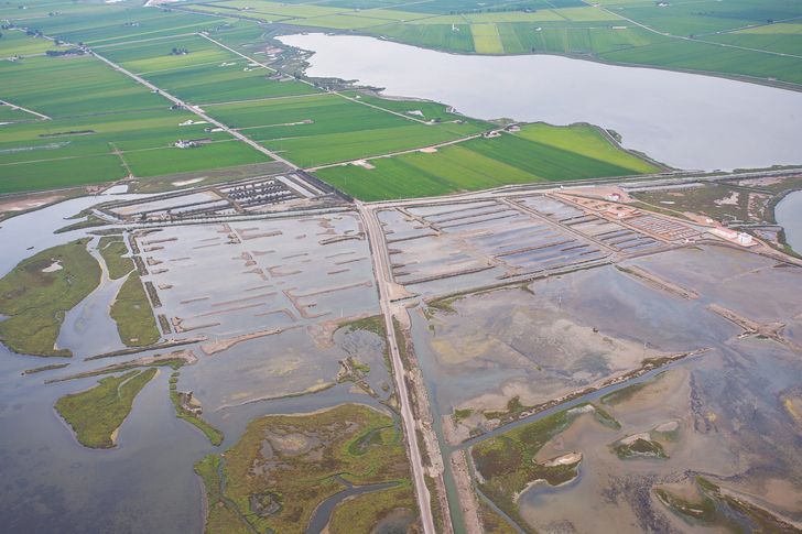 From the 1980s, the salt fields were converted into a fish farm;  Estudi Martí Franch's brief was to restore the lagoon landscape as habitat for fish and bird species.