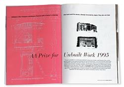  Opening spread from       Architecture Australia, March/April, 1995. The winner was The Embrace, by Also Architecture Studio, Alice Hampson and Sheona Thomson. “A family house of sensual experiences.” 