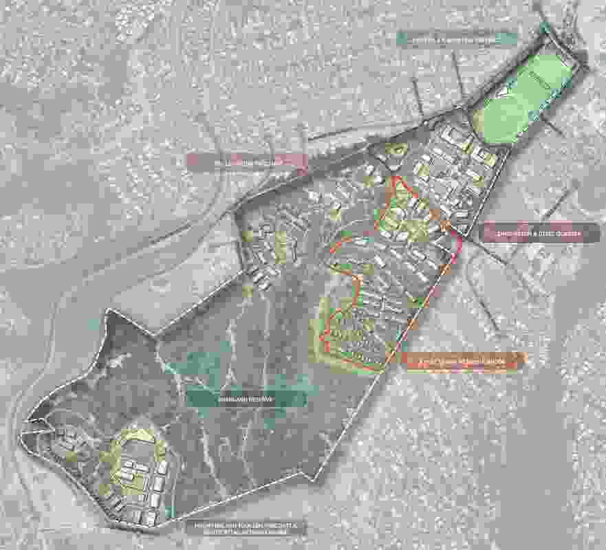 The five planned precincts for the University of Tasmania's Sandy Bay campus.