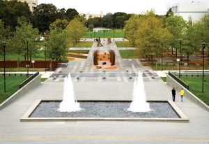 The campus and Reconciliation Place. Questacon is on the right and the NGA view corridor is revealed through the removal of Enid Lyons St.