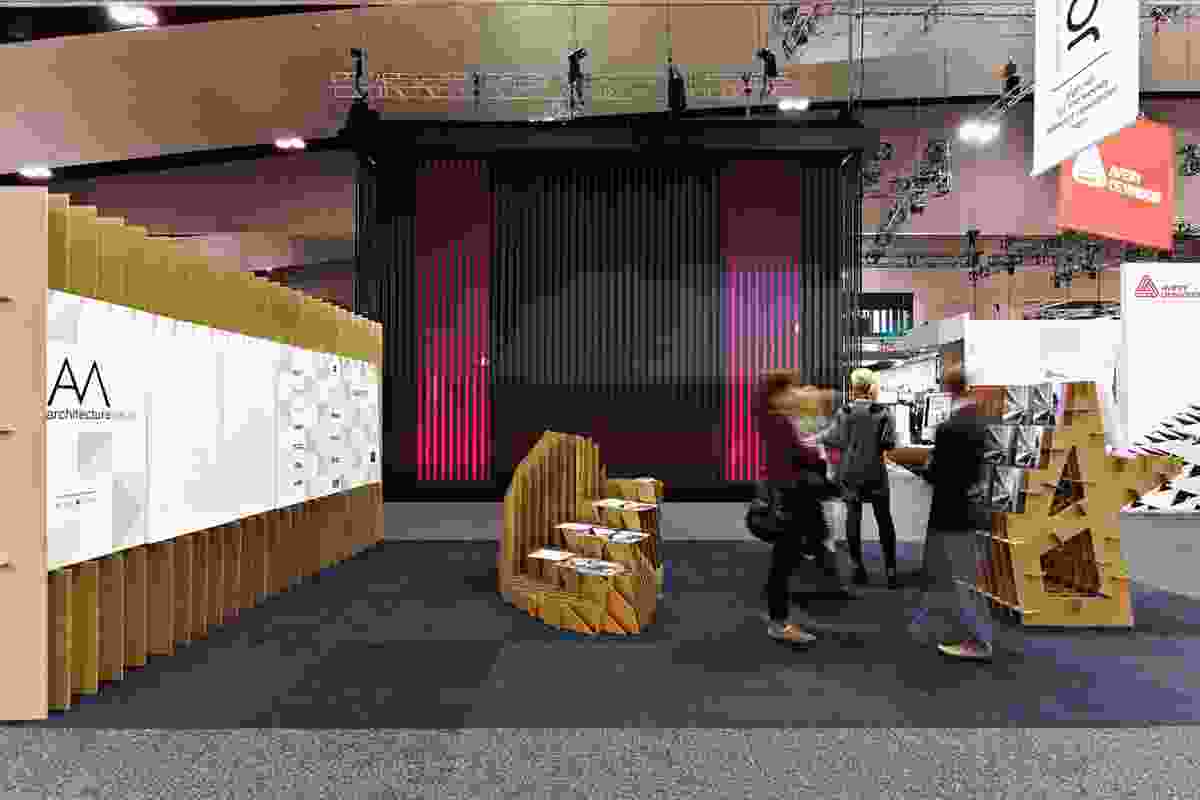 Architecture Media’s stand, designed by Toby Horrocks from cardboard, Ilve stand in background.