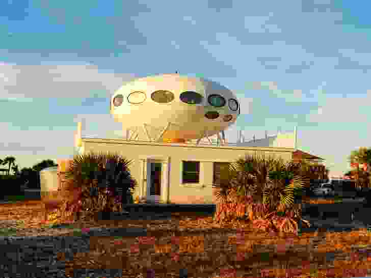 A Futuro house atop another house in Pensacola Beach, Florida.