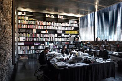 Rafael Aranda, Carme Pigem and Ramon Vilalta of RCR Arquitectes in their office Barberí Laboratory in Olot, Spain, completed in 2008.
