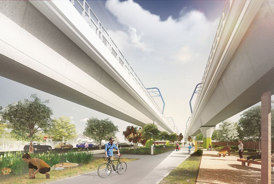 A linear park designed by Aspect Studios would be created underneath an elevated section of the proposed “sky rail.” 