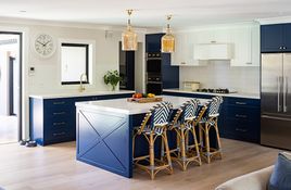 A bold blue Kitchen with a touch of Hamptons flair