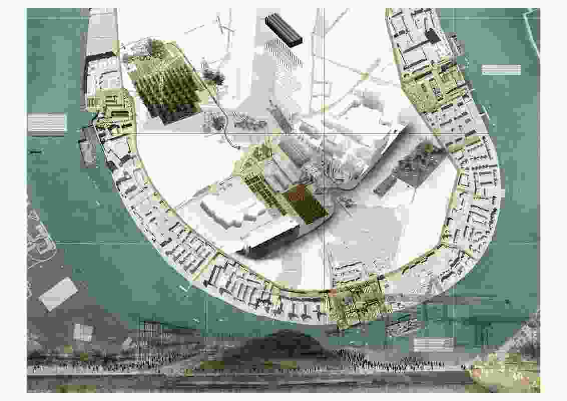 Mais Kalthoum, Master of Landscape Architecture, University of Greenwich, The Island Factories (2018). The project proposes “island factories” for London’s Isle of Dogs where inhabitable islands are created for Global South communities impacted by rising sea levels.