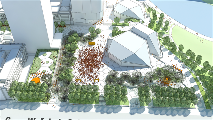 The proposed new Adelaide Festival Plaza will be lined with green edges along its southern and eastern boundaries.
