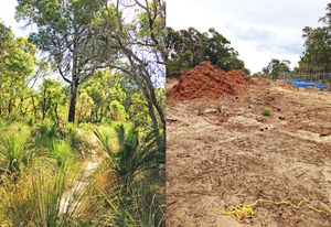 The Malvolio Road reserve site in Coolbellup, WA in December 2016 (left), and again in March 2017 (right) after it was cleared to make way for the Perth Freight Link.