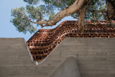 Located between a terrace house and an industrial brick warehouse in Sydney’s Surry Hills, the Beehive explores the use of recycled terracotta tiles – an often overlooked symbol of suburbia – in the design of an architecture studio.