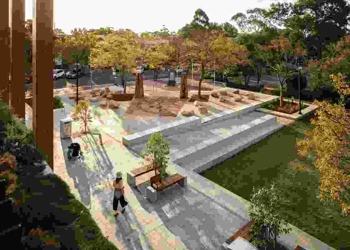 The new verandah links the foyer and the Peace Park, expanding the suburb’s civic heart.