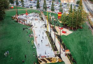 The Convic-designed Esplanade Youth Plaza is set between giant stands of Araucaria at Fremantle’s Esplanade Park.