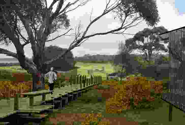 Proposed Kangaroo Island resort by Parti. Pictured: an early visualization of the site in Winter, with cabins and a lodge in the distance.