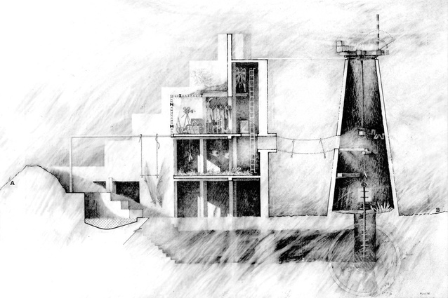 Bird House 1975, section. Left: Oneric house; right: ruined windmill.