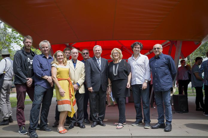 The creative team. L–R: Craig McCormack, Simon Anderson, Sophie Giles (curator), Matt Delroy-Carr, Philip Goad and Rene Van Meeuwen (curators) with Ambassador Mike Rann, Janet Holmes A Court (Australian Pavilion Commissioner), David Karotkin (national president of Australian Institute of Architects), and Brian Zulaikha (Australian Venice Architecture Biennale Committee Chair).