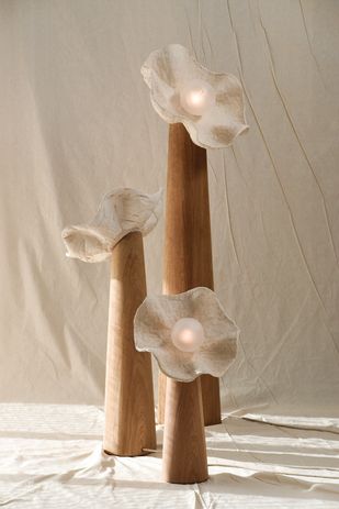 The unique lampshades in the Bloom (2022) lighting collection are handmade from eggshells and natural additives.