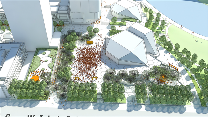 The proposed new Adelaide Festival Plaza will be lined with green edges along its southern and eastern boundaries.